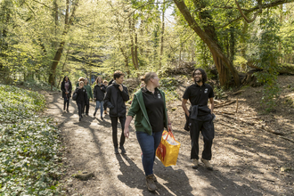 Young people walking through woodland