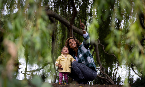 Woman and child underneath weeping willow tree