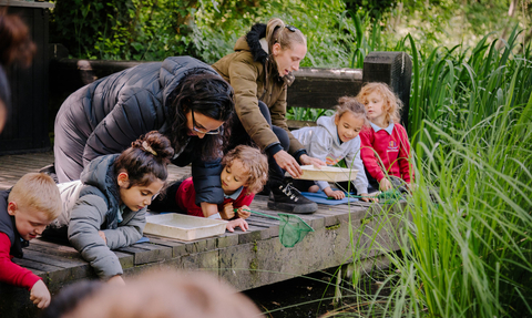 School group at pond in Camley Street Natural Park