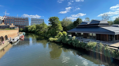 Camley Street canal and city view 2021