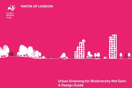 A white graphic of trees and tower blocks on a bright pink background