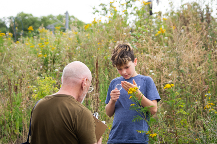 a child holding a magnifying glass looks at a plant whilst an adult stands in front